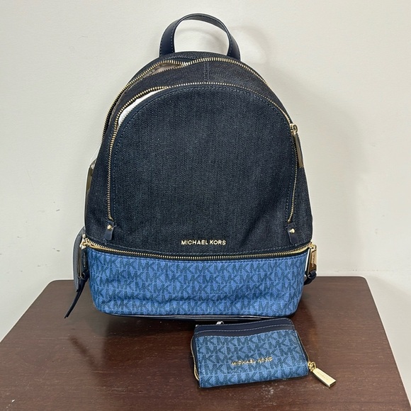Michael Kor’s Rhea zip Denim multi mini backpack purse and matching wallet